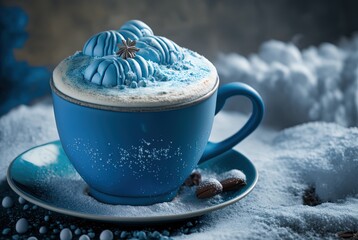 Wall Mural - illustration of ice freezing cup of chocolate with cream topping, blue, Blue Hawaii marshmallow hot chocolate cup