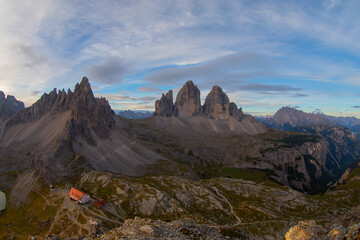 Tre Cime di Lavaredo Locatelli refuge (Three Peaks of Lavaredo or Drei Zinnen) national park summer landscape.