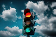 Traffic Lights View On A Blue Sky With Clouds Generative AI