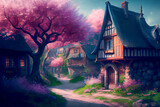 Fototapeta Uliczki - Narrow streets of medieval town in spring blossom, ai illustration