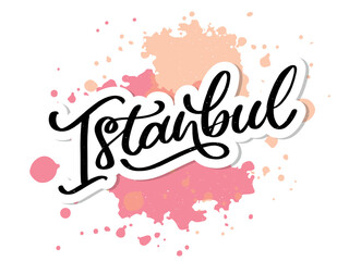 Sticker - Istanbul. Hand lettering. Vector logo of Istanbul in black color with seagulls on white background. souvenir products, banner emblem, travel blog social media, brochure, flyer. Digital illustration.