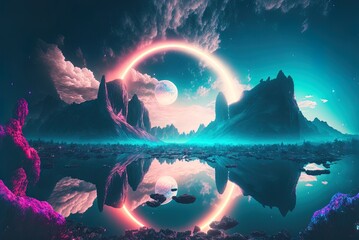 Wall Mural - Misty, futuristic scenery in the realm of imagination. Reflected neon light on water creates an otherworldly natural scene. Galaxy doorway lit with neon beams. Generative AI