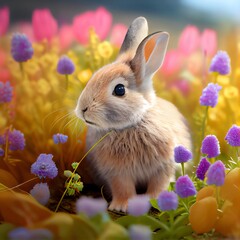 Wall Mural - Easter bunny with flowers. Generative AI