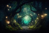 Scenery of a magical woodland, fit for a fairy tale, illuminated by brilliant lights. Generative AI