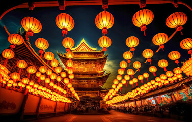 Traditional Chinese Buddhist Temple illuminated for the Mid-Autumn festival. digital art	