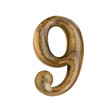 Wooden digit font of number nine with textured wooden