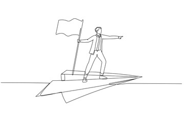 Drawing of businessman flying with paper plane concept of discovery. Continuous line art style