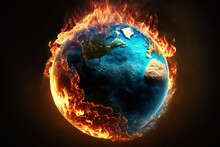 Illustration Of The Planet Earth Burning. Global Warming And Climate Change Concept. 