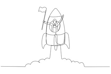 Wall Mural - Drawing of businesswoman with flag on a rocket ship launching. Single line art style