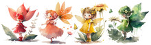 Safari Animal Set Little Fairies In Colorful Dresses In Watercolor Style. Isolated Vector Illustration