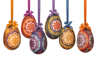 Wall Mural - set of colorful pattern easter decoration eggs hanging in silk ribbon bow, isolated