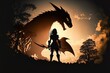 Dragon silhouette of a female warrior in training. Generative AI