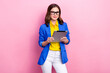 Photo of cute experienced professional business lady secretary employer hold tablet wear glasses formal outfit isolated on pink color background