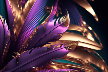 Poster - iridescent colorful gold colors feathers background as beautiful abstract illustration, generative ai	
