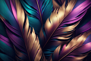 Wall Mural - iridescent colorful gold colors feathers background as beautiful abstract illustration, generative ai	
