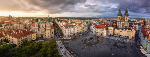 Wall Mural - Panoramic aerial view of Old Town Square with Tyn Church and St. Nicholas Church - Prague, Czech Republic