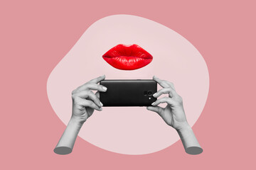 Wall Mural - Black mobile phone with photo camera in female hands taking picture and kissing woman's red lips on a pink background. 3d trendy collage in magazine style. Contemporary art. Modern design