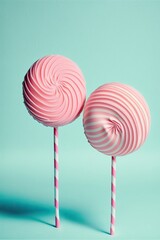 Two lollipops on sticks on blue-green background. Love concept. Minimal summer background. Generative ai.