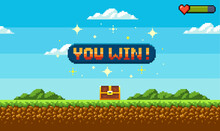 Pixel Art Game Background With Grass, Sky And You Won Game 8-bit Text. Game Screen Pixel.
