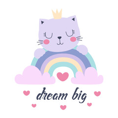 Wall Mural - cartoon poster with cute cat and rainbow