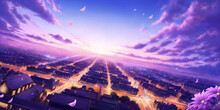 Romantic Landscape Of An Endless Private Sector Stretching Into The Horizon. An Epic Purple Sunset With Incredible Clouds. Anime Suburbia