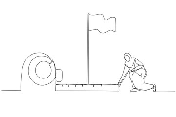 Wall Mural - Drawing of muslim business woman using measuring tape to analyze distance from target flag. One line art style