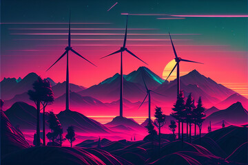 Wind farms in purple lighting