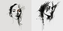 Elegant One-line Sketches Of An Abstract Female Face. A Drawing Of A Female Face In A Minimalist Linear Style Isolated On A White Background.