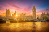 Fototapeta Londyn - Landscape with Big Ben and Westminster palace at sunset in London, Great Britain