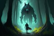 Fantasy artwork depicting a brave bounty hunter who encounters a ferocious werewolf in a fantastical wilderness painted digitally. Generative AI