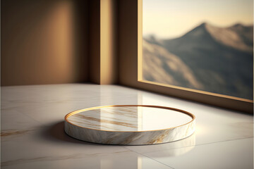 gold and white marble display podium for luxury product advertisement with a beautiful beige background, generative ai