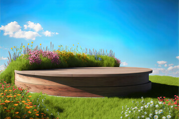 Wooden podium in spring time environment with colorful flowers for product presentation and blue sky background, generative ai