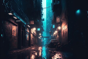 Blue-toned futuristic cyberpunk fantasy neighborhood, dark and foreboding. Generative AI