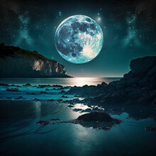  Coastal Moonlight. Magical Night On The Sea Coast, Full Blue Moon And Rocks. Art Created With Generative AI Technology