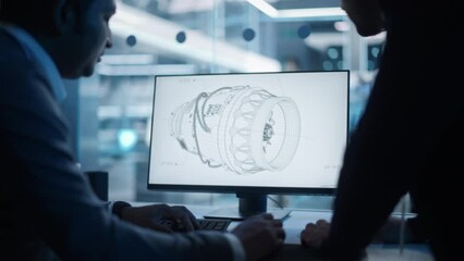 Poster - Two Industrial Engineers Discussing Work Projects, Talk and Use Desktop Computer in Turbine Manufacturing Facility. Specialists and Professionals Researching and Developing Innovative Turbine Engine.