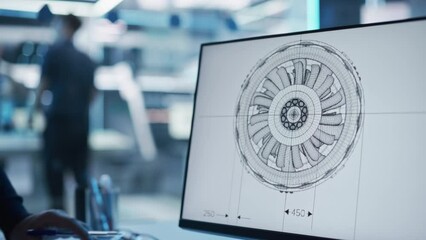 Leinwandbilder - Close Up of a Computer Monitor Display with 3D CAD Software with Prototype Turbine Motor Project. Two Specialists Discussing Work, Their Hands Visible In Front of the Screen.