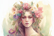 Queen of Spring. watercolor illustration girl with flowers in watercolor style