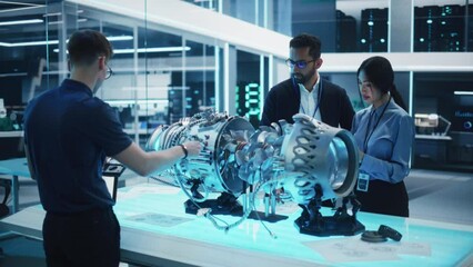 Fototapete - Young Team of Multicultural Engineers Use Blueprints, Tablet and Laptop Computers, Analyze and Discuss How a Modern Electric Turbine Motor Works. High Tech Research Laboratory with Modern Equipment.