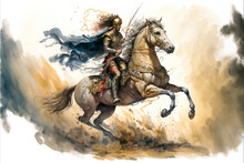Illustration Of Alexander The Great Riding Horseback, Wielding A Sword Mid-battle. Medieval Warfare Artwork Of An Ancient Greek King And Warrior Leading His Military Troops In Battle. Generative Ai