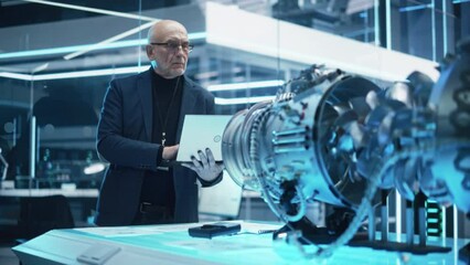 Aufkleber - Middle Aged Industrial Engineer Working on a Futuristic Jet Engine, Standing with Laptop Computer in Scientific Technology Lab. Scientist Developing a New Electric Motor in a Research Facility.