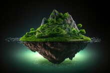 Surreal Float Rock Mountain With Paradise Idea; Imaginary Green Grassy Island Isolated On A Dark Background. Generative AI