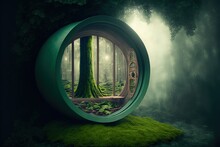 Somewhere In The Woods, There Is A Little Greenhouse With A Fern And Some Mushrooms Growing In A Circular Window. Generative AI