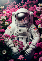 astronaut in white suit standing midst pink and white flowers. generative ai.