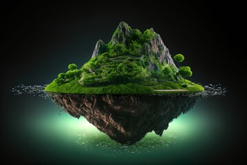 Wall Mural - Surreal float rock mountain with paradise idea; imaginary green grassy island isolated on a dark background. Generative AI