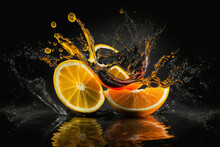 Fresh Juicy Orange Slices Closeup On Black Background, Generative AI