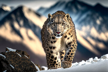 an illustration of a rare snow leopard roaming on mount everest at 18,000 ft generative ai