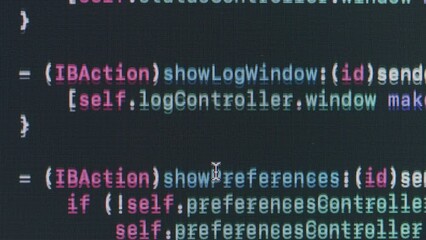 Coding UX UI script text on screen, HTML5 in editor for website development, Close up Macro of Programming code software developer. 
