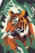 Tiger In Flat Vector Style For Poster Wall Art Decor Boho Illustration