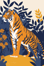 Tiger In Flat Vector Style For Poster Wall Art Decor Boho Illustration