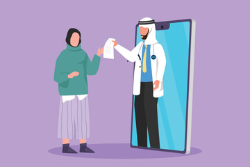 Wall Mural - Graphic flat design drawing of Arabian female patient receiving prescription from male doctor coming out of smartphone screen. Online medical healthcare consultation. Cartoon style vector illustration